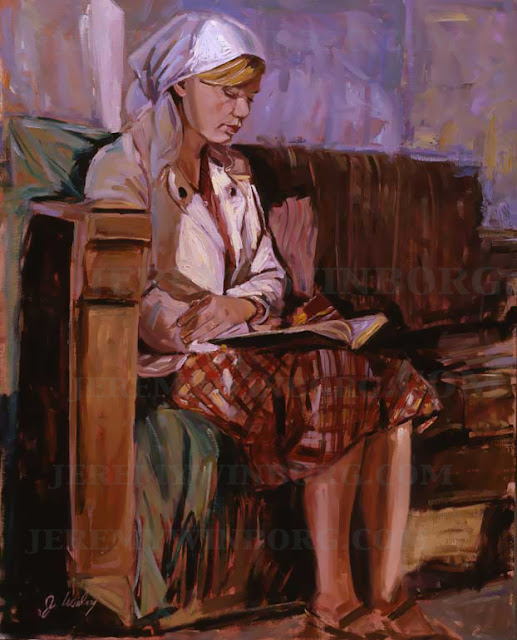 Albanian woman reads book of mormon libri i mormonit by jeremy winborg original oil painting