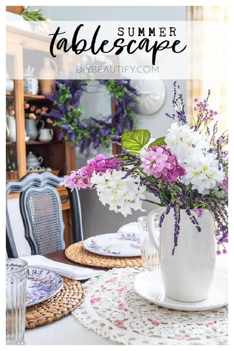 lilac centerpiece, lavender wreath, vintage ironstone, vintage linens