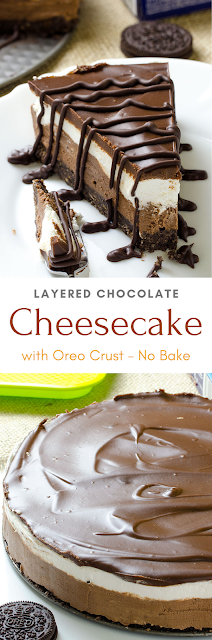 Layered Chocolate Cheesecake with Oreo Crust - No Bake