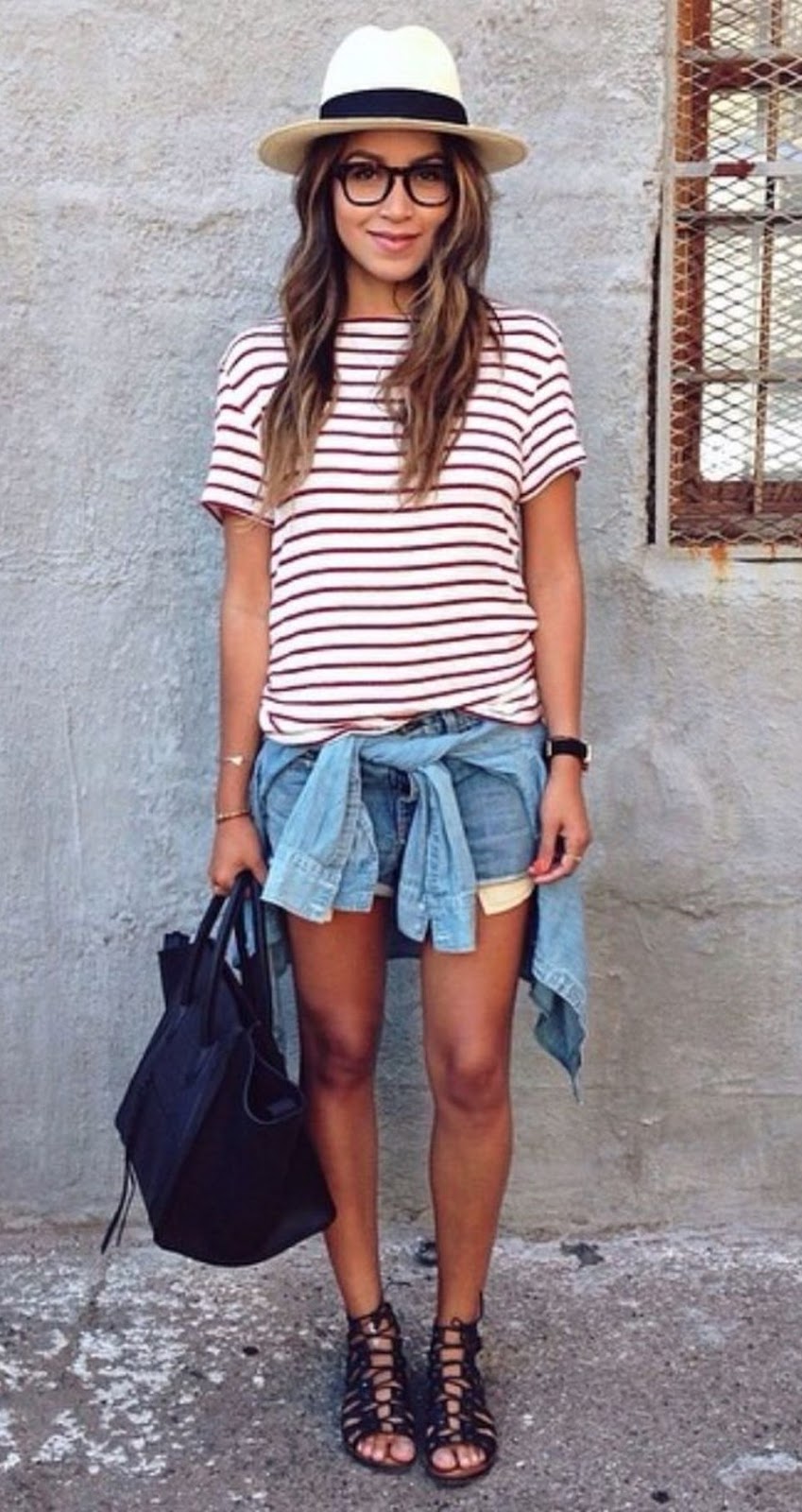 outfit of the day | hat + striped tee + shorts + bag + sandals