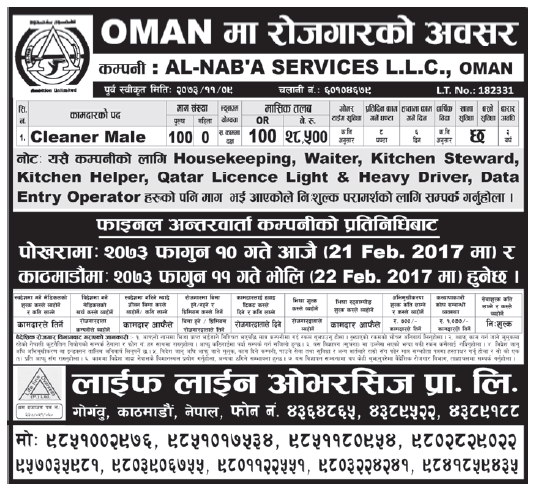 Jobs in OMAN for Nepali, Salary Rs 28,500
