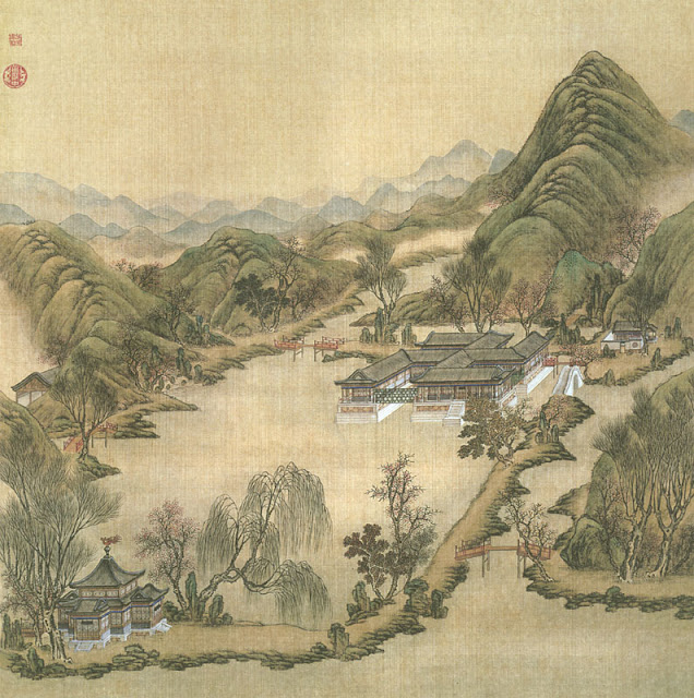 Chinese painting of a palace scene, including a building in the shape of a swastika.