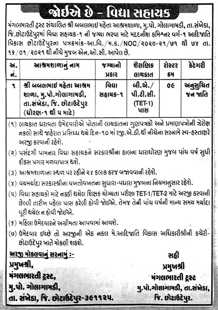 Aashram shala Sankheda Recruitment 2021 for Vidhyasahayak posts