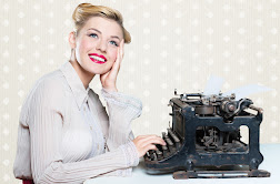 retro woman happily typing