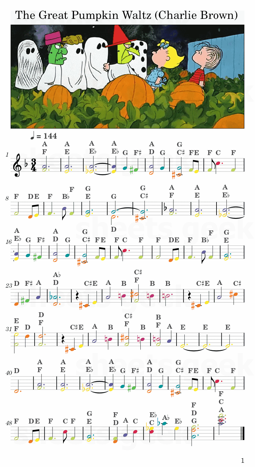 The Great Pumpkin Waltz - Vince Guaraldi Charlie Brown Easy Sheet Music Free for piano, keyboard, flute, violin, sax, cello page 1