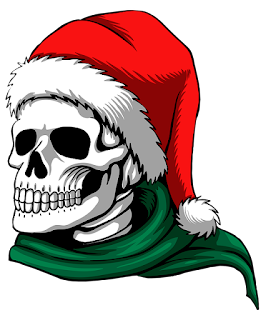 An illustration of a skull wearing a Santa Claus hat.