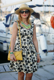 palm print dress, caleidos clutch, Sodini bijoux collana, ecua-andino classic panama hat, Fashion and Cookies, fashion blogger