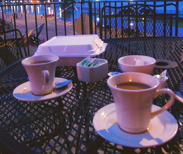 patio table with coffee at night