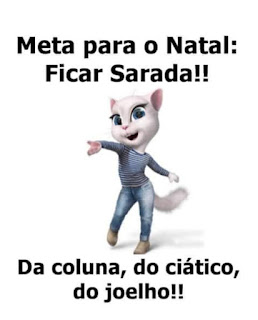 Ilustração. Uma gatinha branca em pé e em pose. Orelhinha rosada, olhos azuis redondos e grandes, nariz pequeno com a boquinha aberta. A patinha direita esticada à frente do corpo em convite, a outra patinha para trás quase toca a peluda cauda. A gatinha usa uma camiseta listrada em azul e branco, calça jeans surrada e botinhas marrom. No topo lê-se: Meta para o Natal: Ficar Sarada! E abaixo: Da coluna, do ciático, do joelho!