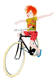 illustration of a girl riding without hands on her bike by Robert Wagt