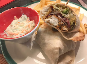 BBQ chicken wrap with fries and slaw 