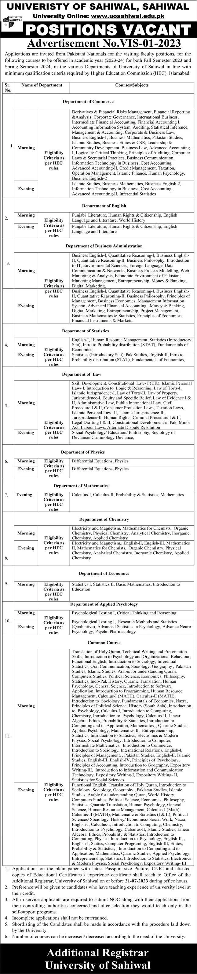 University of Sahiwal Visiting Faculty Positions