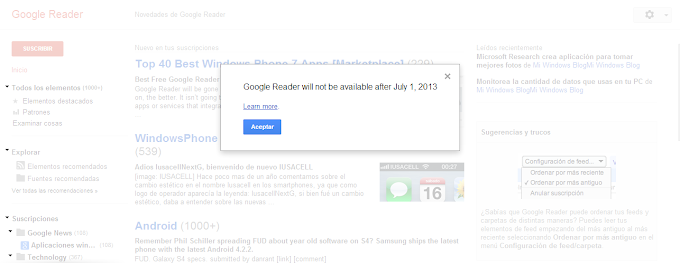 Google presinde de Google Reader, a partir de  el 1 de julio