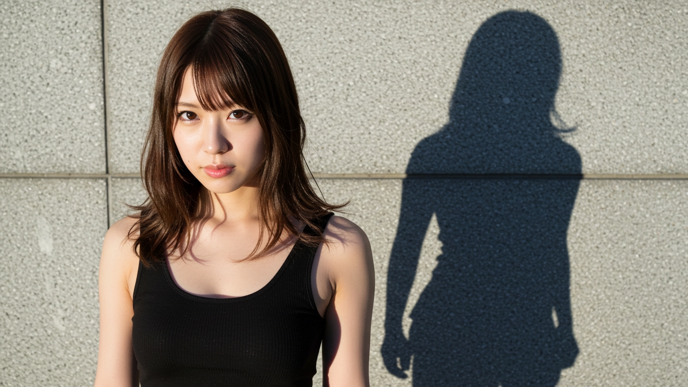 工作員カオリと壁にかかる彼女の影
