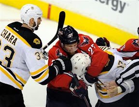 Milan Lucic gets jumped by Karl Alzner as Lucic was wrestling with Matt Hendricks