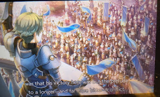 Alm, green haired and blue armored, waves to a cheering crowd below him.