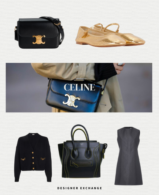 Image of Celine clothes, bags and shoes surrounded by marketing image from Celine campaign.