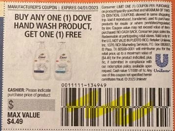 BOGO Dove Hand Wash Product Max Value $4.49 Coupon from "Unliever" insert week of 3/12/23