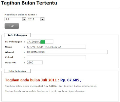 hasil Cek Tagihan Listrik PLN Secara Online