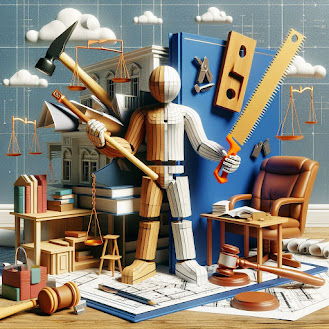 Generated cartoon image of wooden person holding saw, with books, chairs, tools, gavels