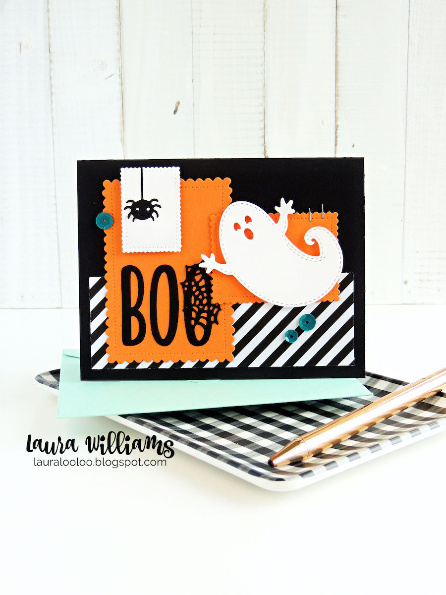 This handmade Halloween card begins with simple die-cutting and assembling. The stitched ghost and die cut BOO sentiment (which comes with that adorable spider) are quick and easy to use for Halloween cards, crafts, tags, and treat bags.