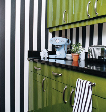 loving this kitchen with the thick black and white striped wallpaper.