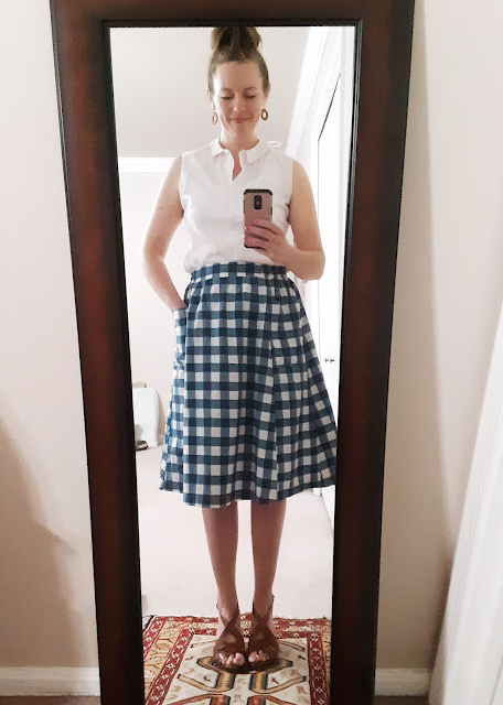 thrifted tank top, vintage 60s sleeveless top, light pink top and gingham skirt, blue gingham outfit, Catholic mom style, Catholic woman outfit