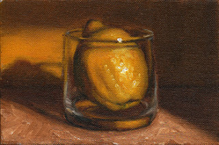 Oil painting of a lemon inside an Old Fashioned Glass.