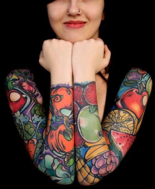 Tattoos of Fruit Salad Designs, Designs of Fruit Salad Tattoos, Women Tattooed hand with Fruitsalad, Tribal, Parts, Nature.