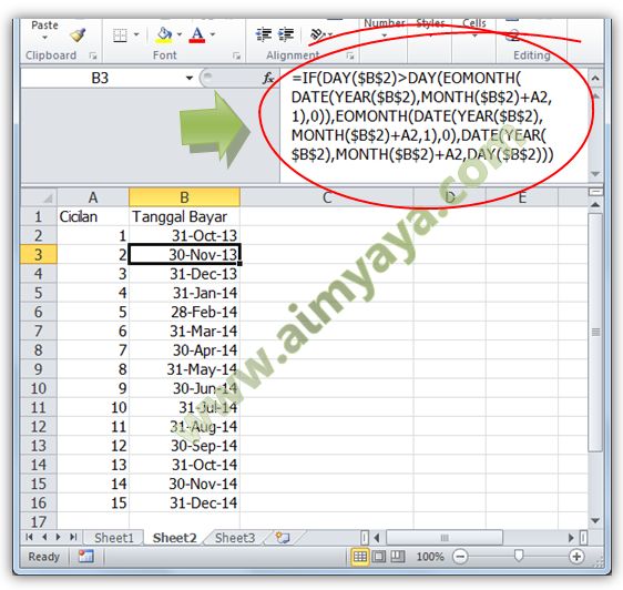 Membuat Tanggal angsuran mengikuti jumlah maksimal hari dalam satu bulan Cara Menentukan Tanggal Angsuran Bulanan di Ms Excel