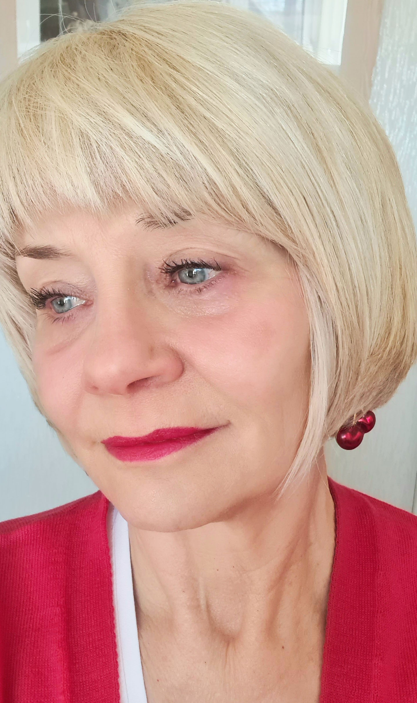 Close-up of Gail Hanlon from the over 50s blog Is This Mutton wearing Velvet Ribbon lipstick by Lisa Eldridge