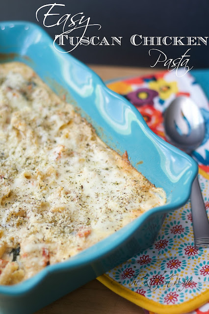 The completed baking dish of the Easy Tuscan Chicken Pasta Recipe 