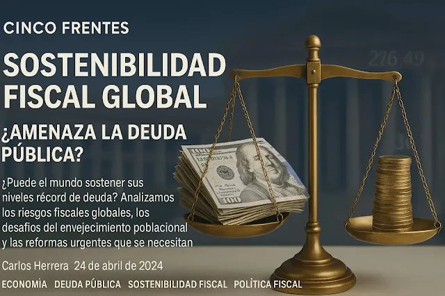 Imagen ilustrativa de una balanza dorada con billetes y monedas representando el equilibrio entre sostenibilidad fiscal y deuda pública global, con fondo de edificio institucional y datos financieros difusos.