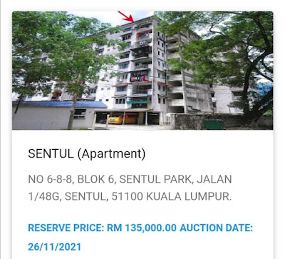 Contoh listing lelong dah drop harga rezab; harga rezab cuma RM135,000