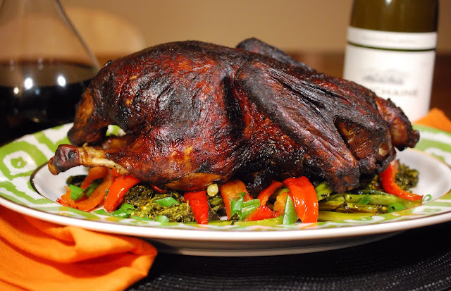 Blackened Five-spice Duck with Roasted Peppers and Broccolini and Clementine Rice