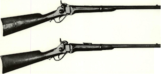Carbines by Sharps had been tested by the U.S. since first 1851 Maynard primed model with inside hammer like Ames “boxlock” pistol (top) but volume production did not begin until War when M1859-63 types (middle) were produced. First 1859’s had brass patchbox, trim; later ones were iron, color hardened. Then in April, 1863 the New Model series was altered to a lower priced gun without patchbox (bottom) and several tools omitted, lowering price. Guns without patchbox began at C,1 to about C,50,000.
