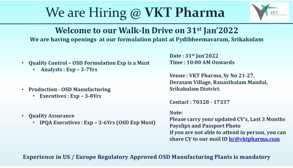 Job Availables,Vkt Pharma Walk-In-Interview For QA/ Production/ QC