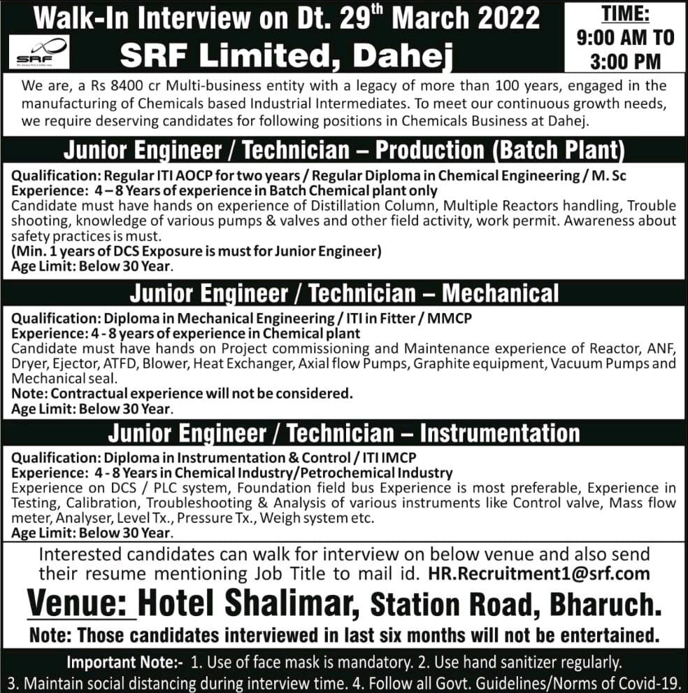 Job Availables,SRF Limited Walk-In-Interview For Diploma Chemical Engineering/ ITI AOCP/ MSc/ Diploma Mechanical Engineering/ ITI Fitter/ MMCP/ IMCP/ Diploma in Instrumentation & Control