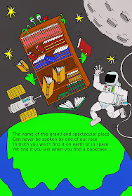 Cartoon astronaut and an alien floating in space with a book shelf and satalite