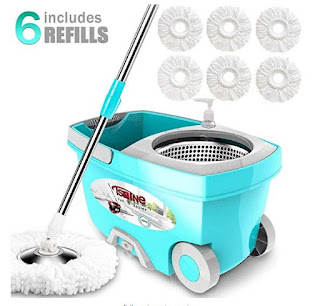 Tsmine Spin Mop Bucket System Deluxe Stainless Steel Spinning Mop with 61" Silent Extended Handle, 2X Wheels, 6 Microfiber Replacement Head, Drain Outlet, Detergent Dispenser, for Home Cleaning