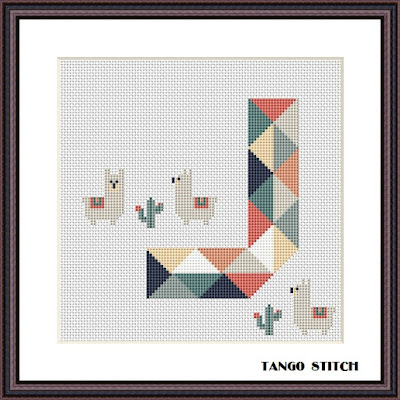 Letter J and cute llama geometric nursery cross stitch pattern, Tango Stitch
