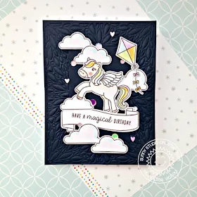 Sunny Studio Stamps: Blooming Frame Dies Prancing Pegasus Spring Showers Banner Basics Happy Birthday Card by Franci Vignoli