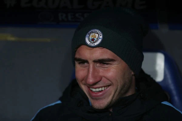 Aymeric Laporte of Manchester City on the bench during the UEFA Champions League Round of 16 First Leg match between FC Basel and Manchester City at St. Jakob-Park on February 13, 2018 in Basel, Switzerland