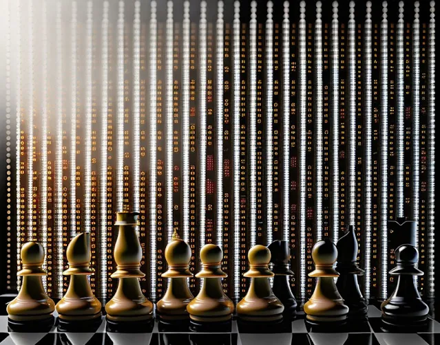 Picture of Computers with Binary numbers lit behind a row of chess pieces.