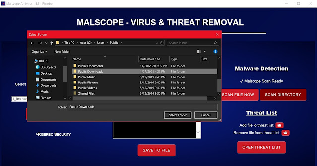 Select folder to scan with Malscope Antivirus