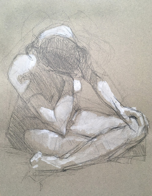 Pencil and white gouache drawing of nude woman, seated cross-legged and leaning head on right hand.