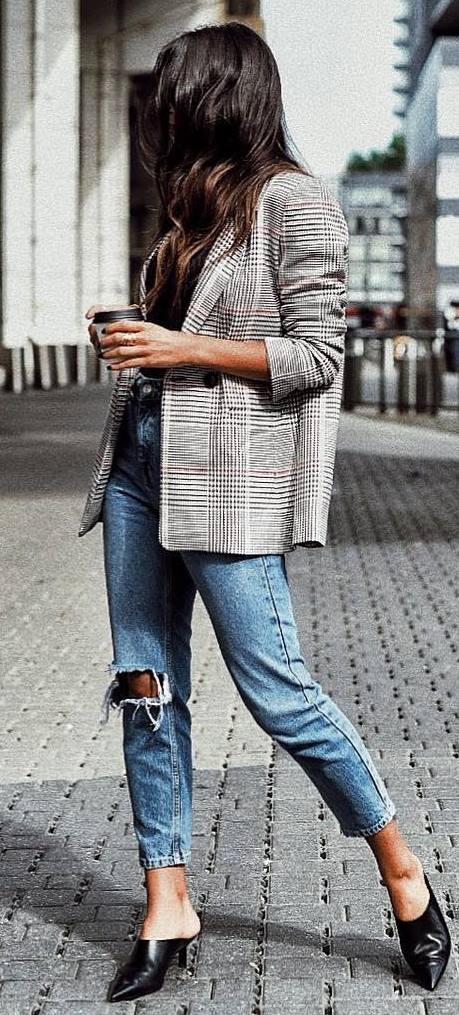 what to wear with a plaid blazer : top + ripped jeans + heels
