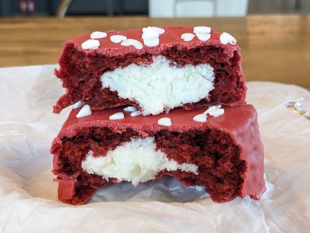 Cross-section of Mod Pizza's Red Velvet No Name Cake.