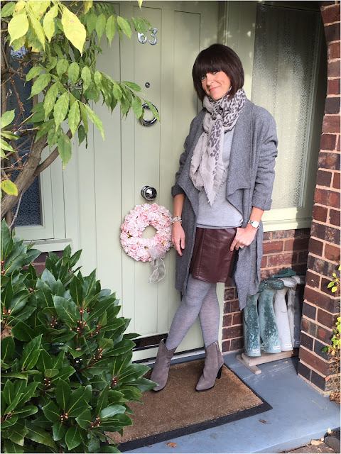 My Midlife Fashion, Leopard Print, Massimo Dutti Animal Print Scarf, Zara Wool Coat, Bella Jane Jewellery, crew neck jumper, zara faux leather a line skirt, zara cowboy boots