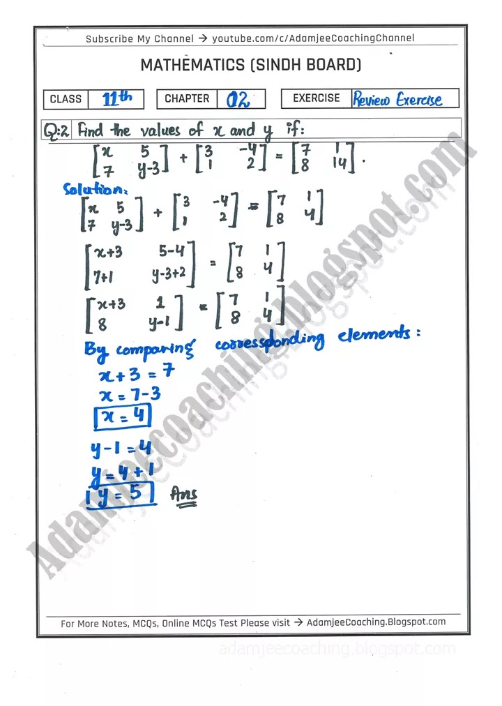 matrices-and-determinants-review-exercise-mathematics-11th